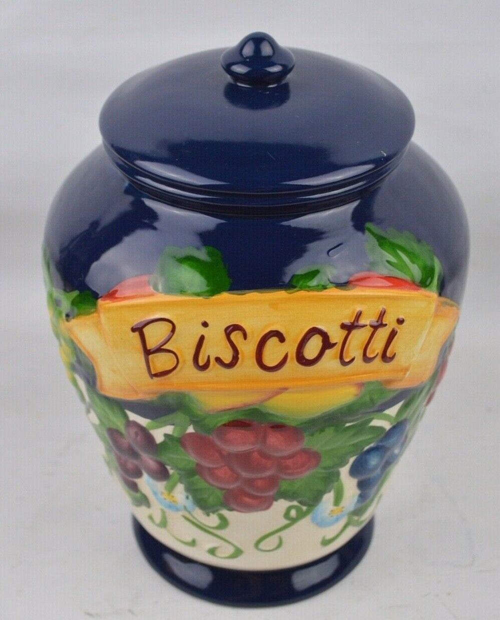 Hand-Painted Tuscany Ceramic Cookie Jar Nonni's Biscotti Fruit Grapes 8"